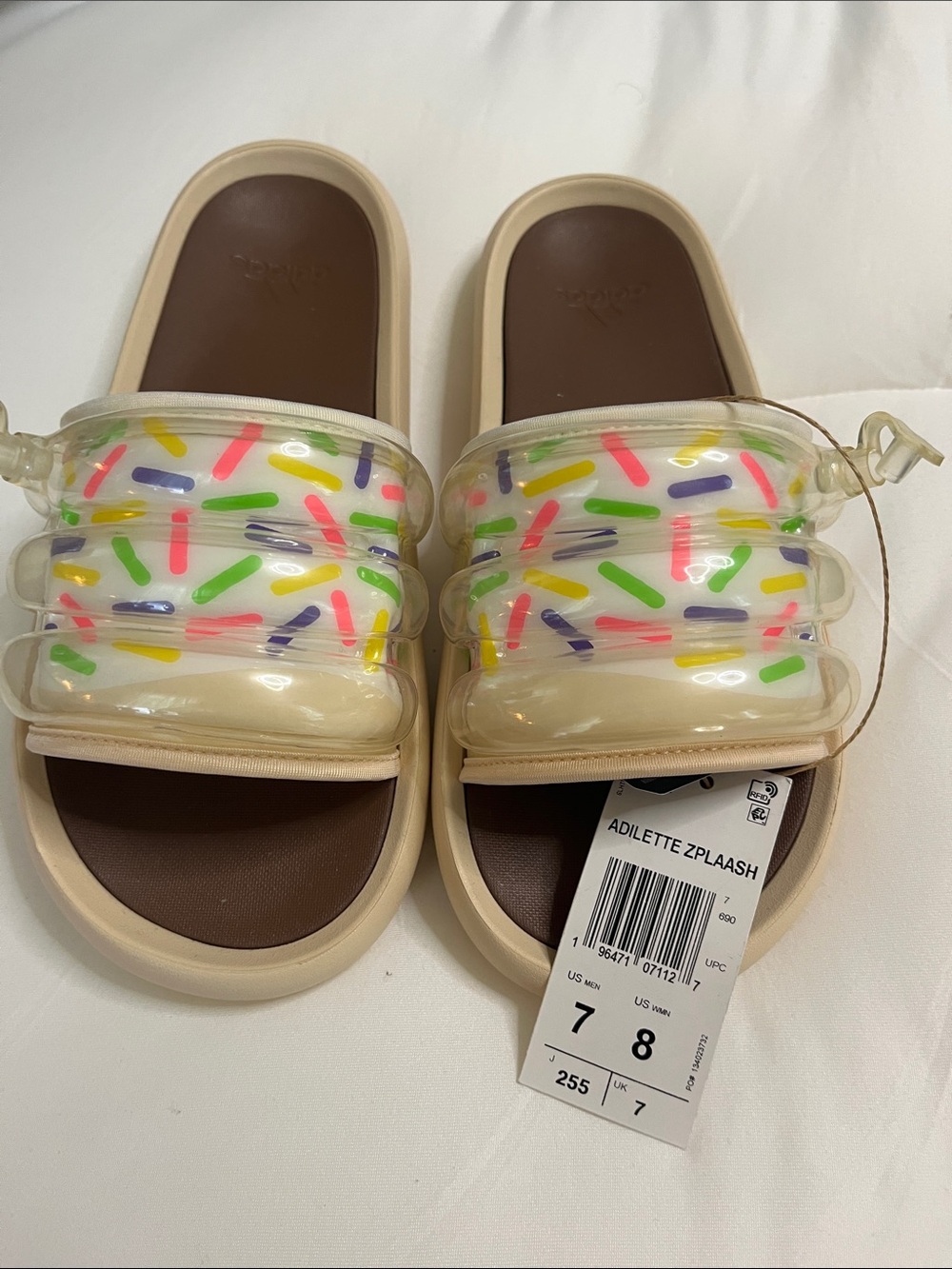 adidas Beige Slide Sandals with Colorful Sprinkle Straps